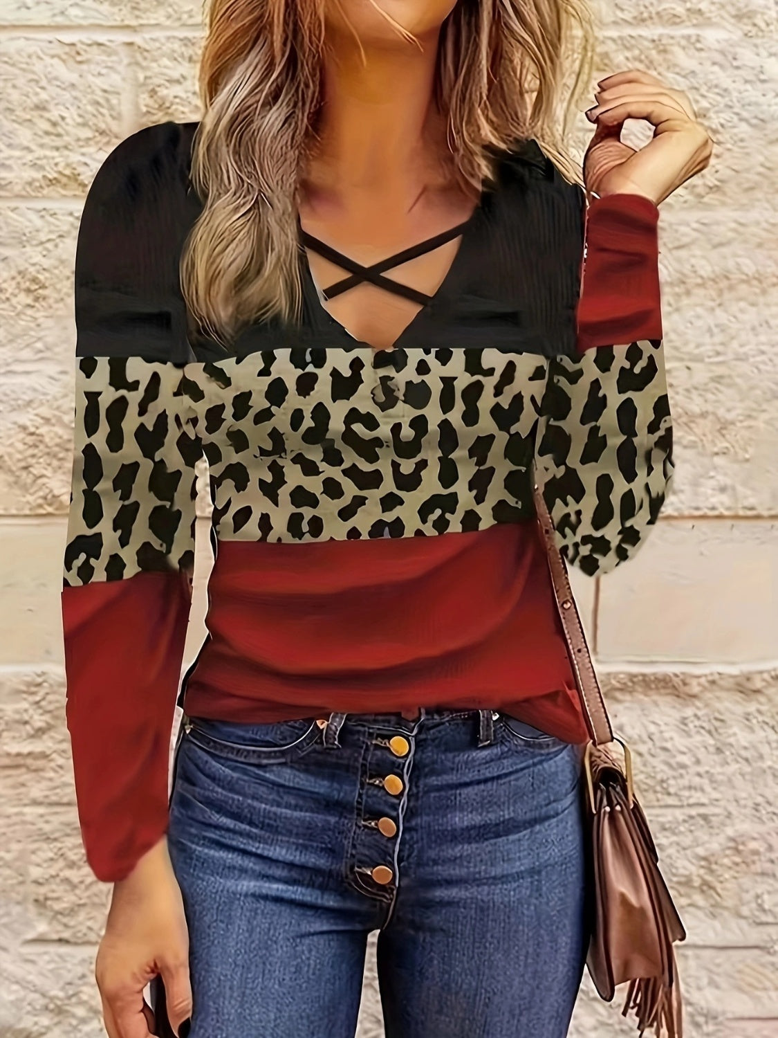 Deep red crisscross color block long sleeve T-shirt with leopard print.