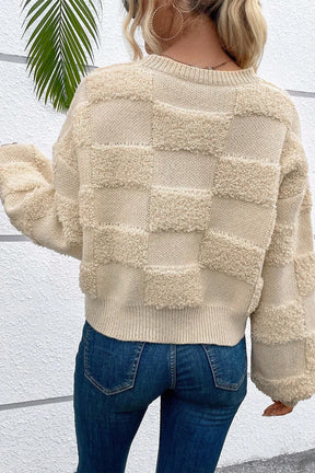 Beige checkered round neck dropped shoulder sweater back view