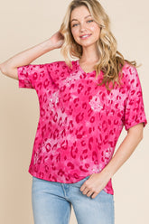 BOMBOM Leopard V-Neck Short Sleeve T-Shirt