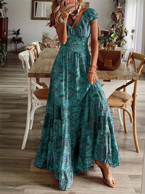 Teal smocked V-neck short sleeve maxi dress