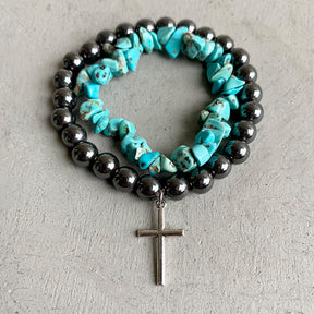 Turquoise alloy bracelet with cross charm