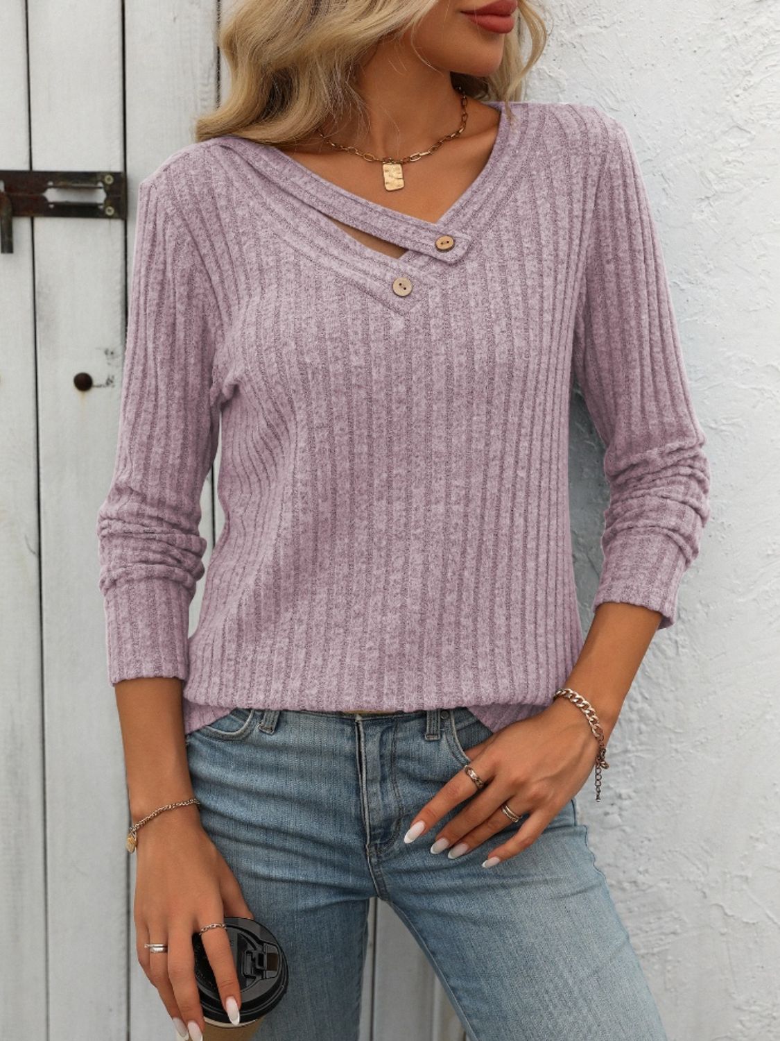 Purple ribbed V-neck long sleeve T-shirt with buttons.