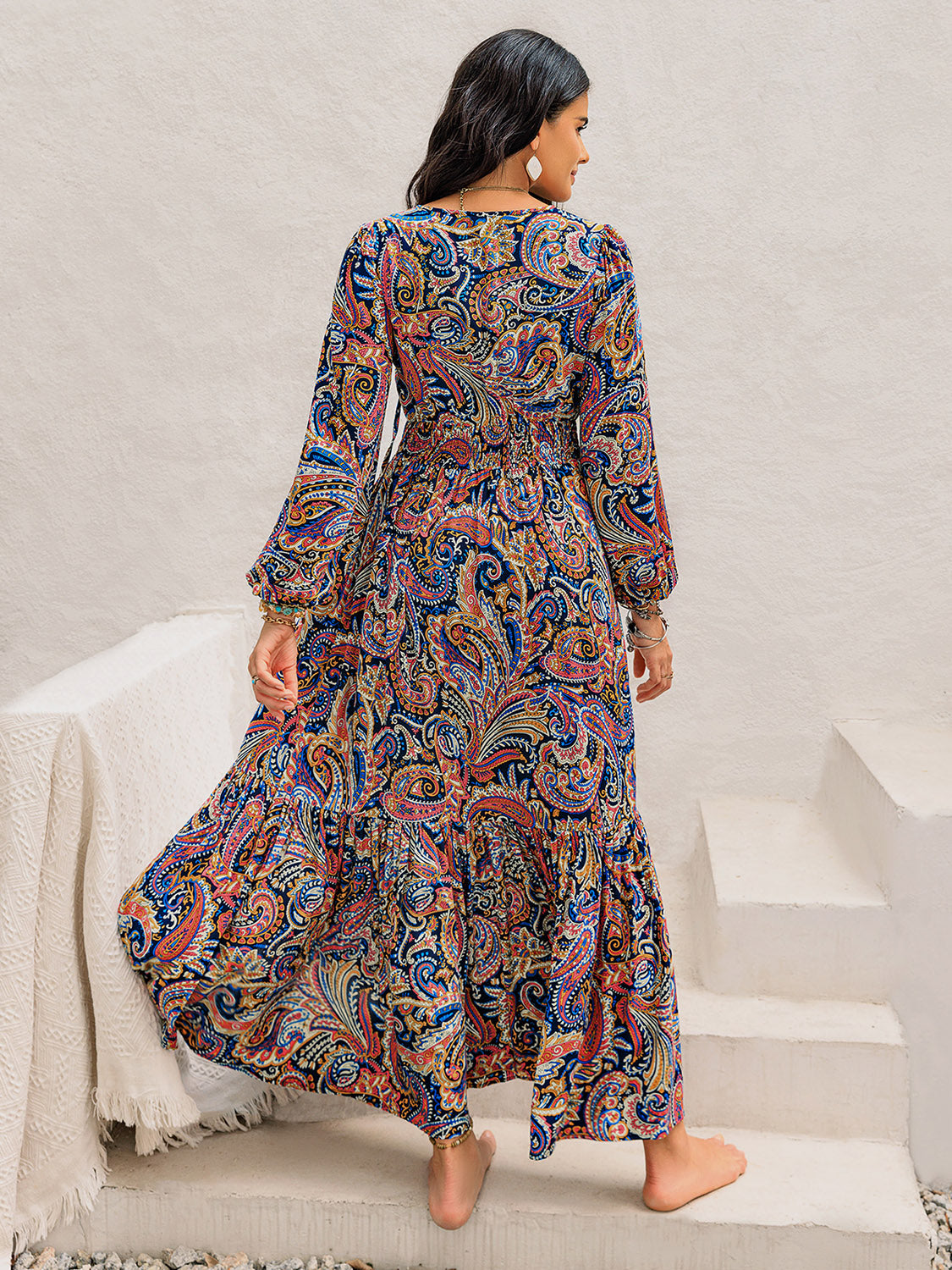 Boho printed tie neck long sleeve midi dress back view