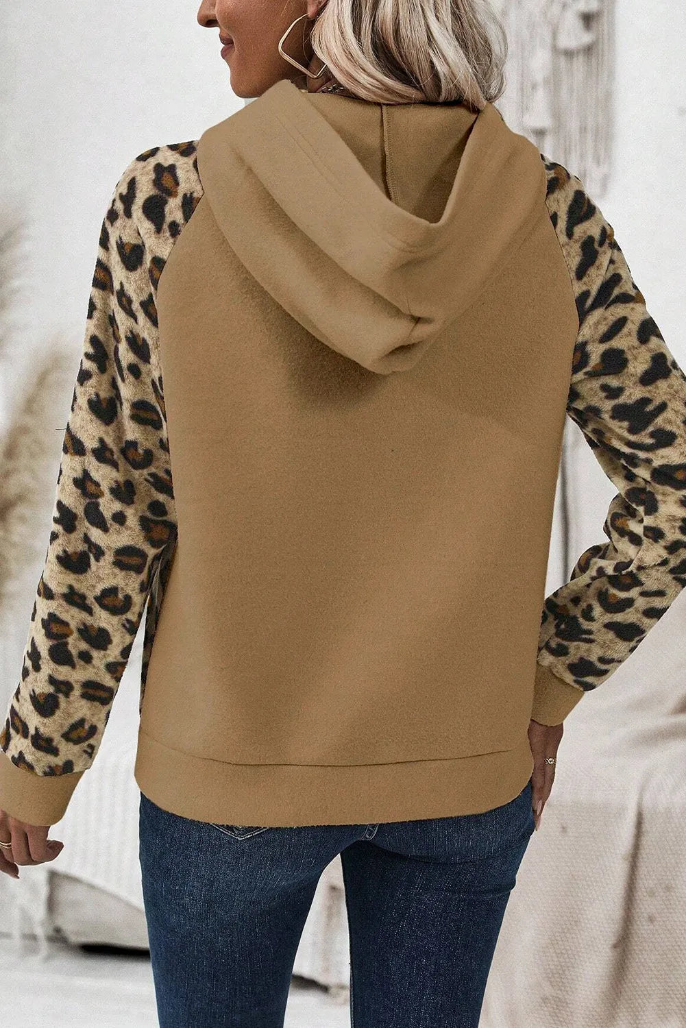 Leopard half button long sleeve hoodie back view