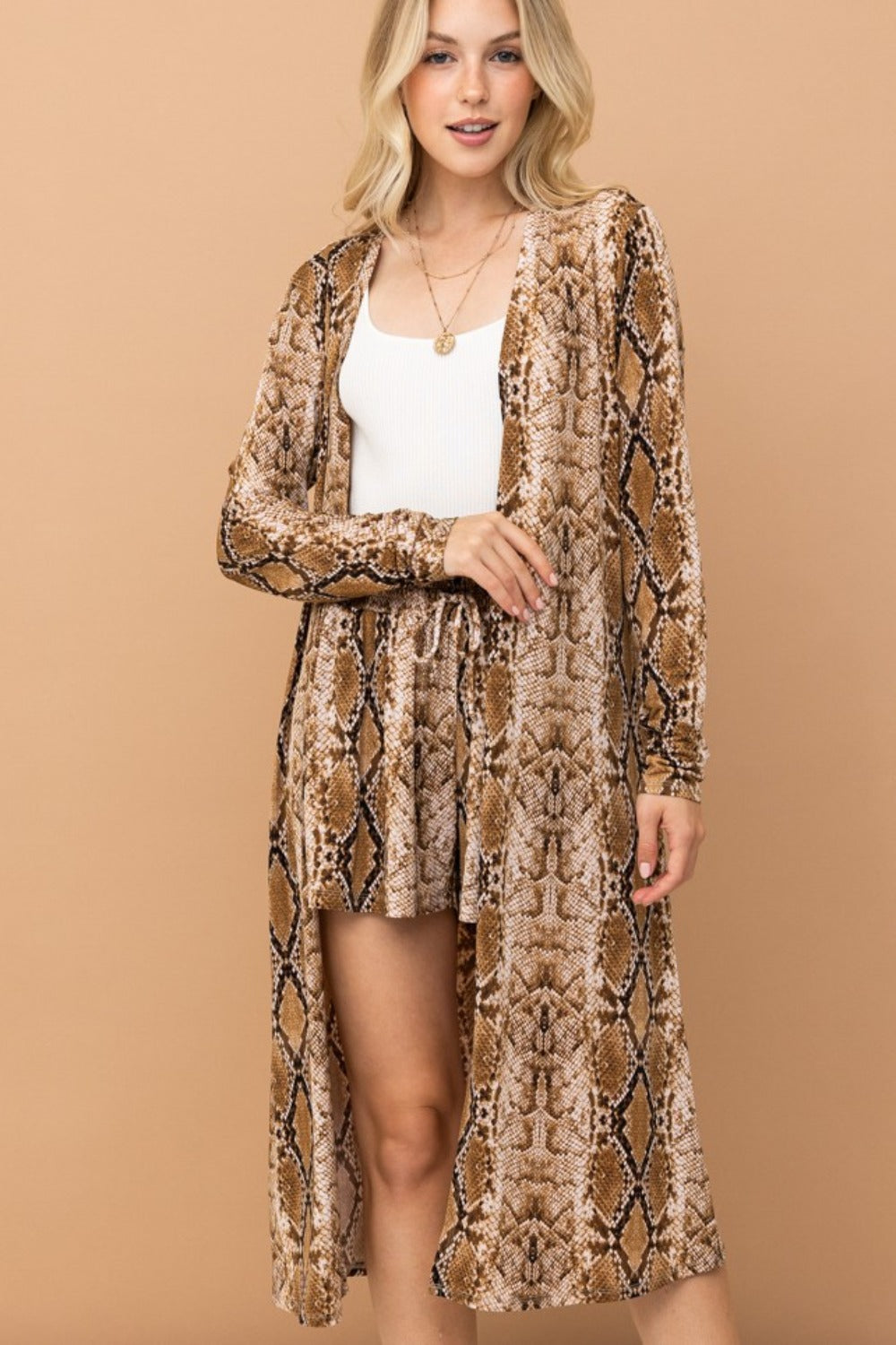 Snake print kimono open front longline cardigan, front view.