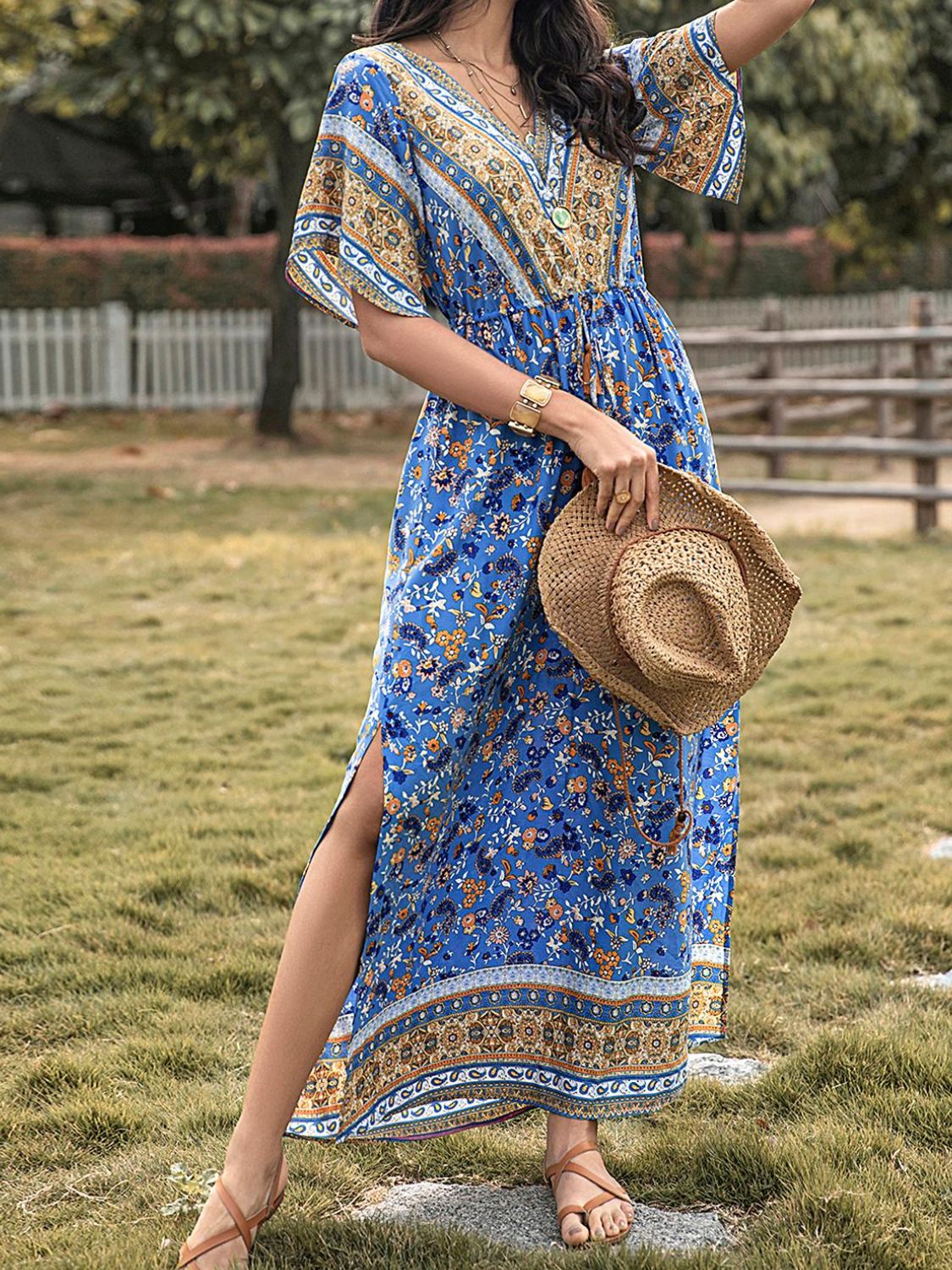 Blue slit printed V-neck half sleeve maxi dress with hat