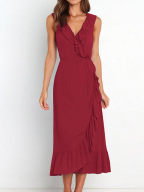 Burgundy ruffled surplice sleeveless midi dress front view