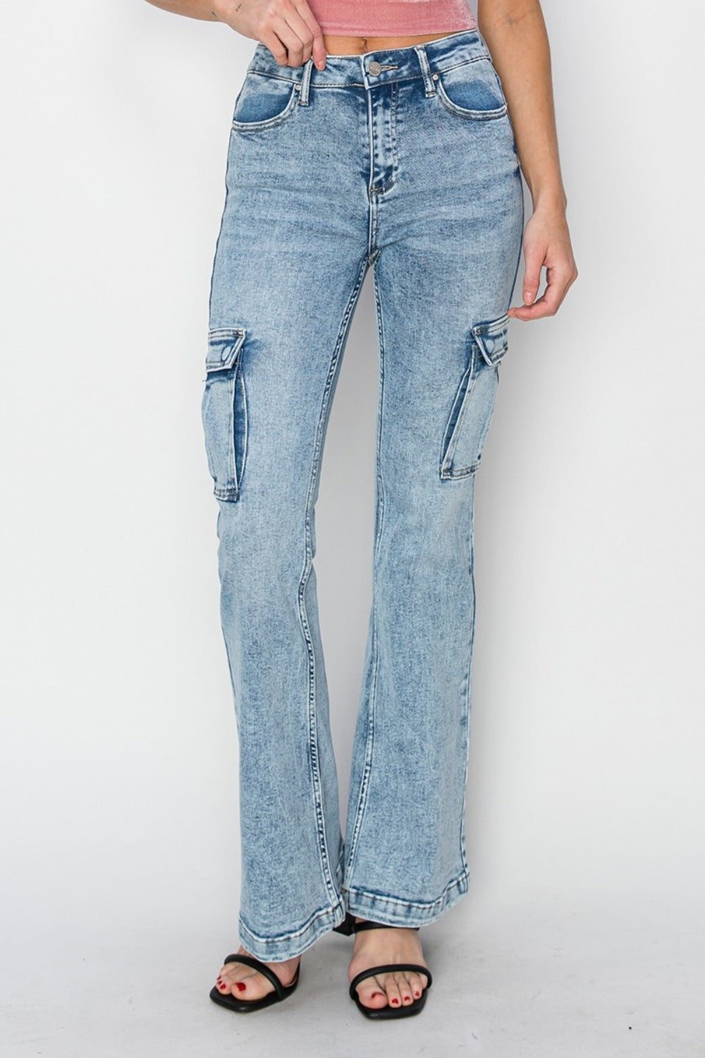 RISEN high rise cargo flare jeans front view