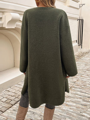 Moss green button-up long sleeve coat back view