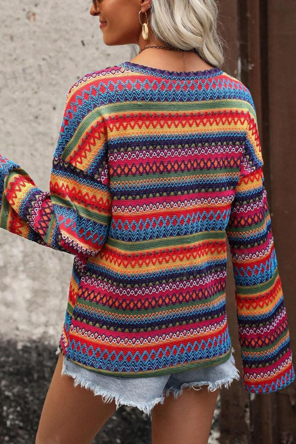 Colorful round neck long sleeve sweater, back view