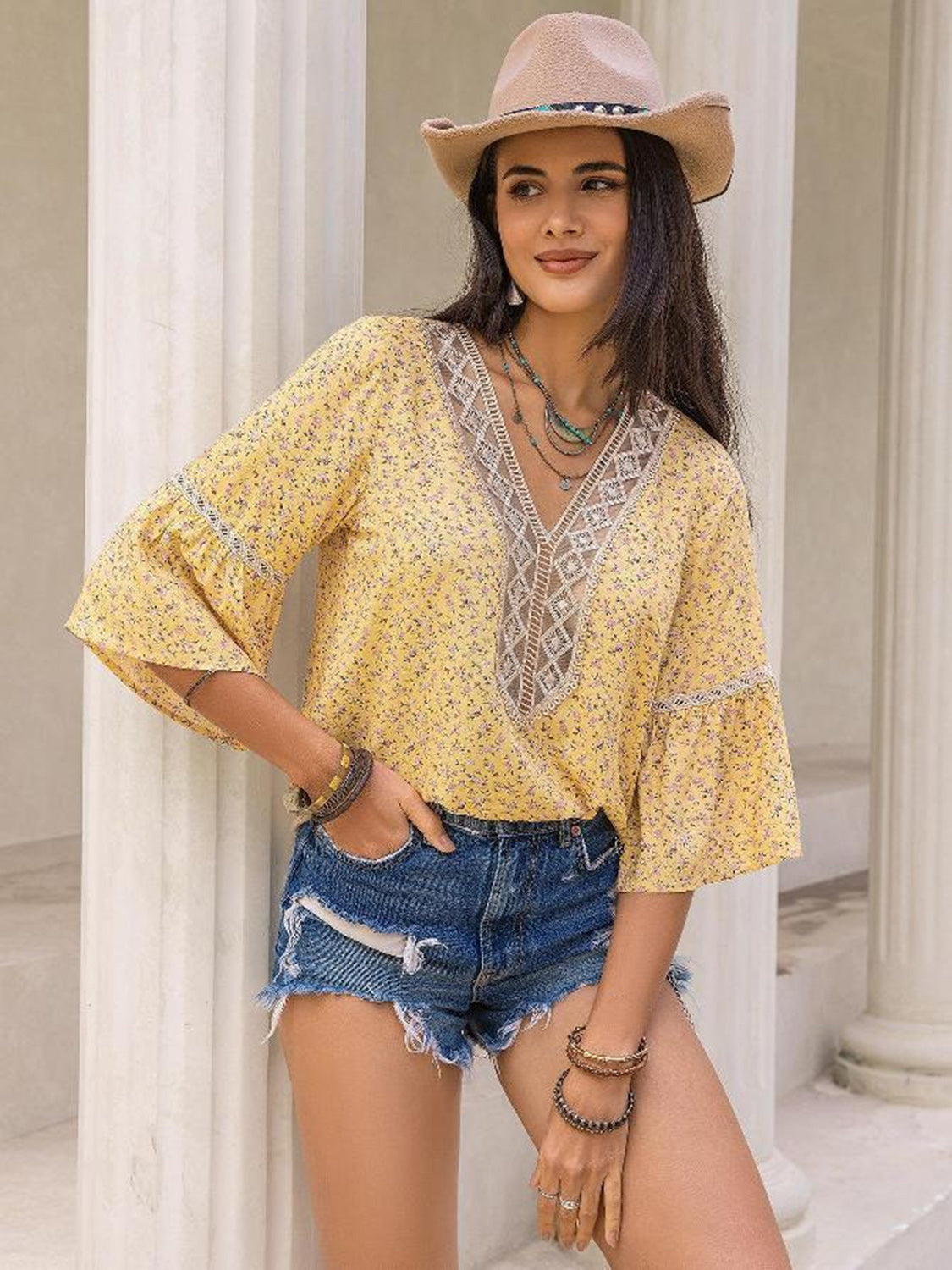 Ditsy Floral V-Neck Blouse with lace detail, front view