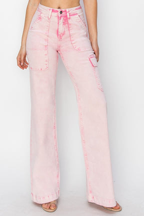 Front view of pink high rise wide leg cargo jeans