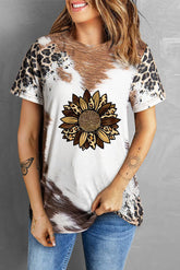 Sunflower graphic round neck short sleeve T-shirt with animal print.