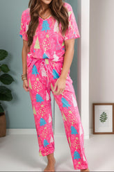 Hot pink printed V-neck lounge set with tree patterns