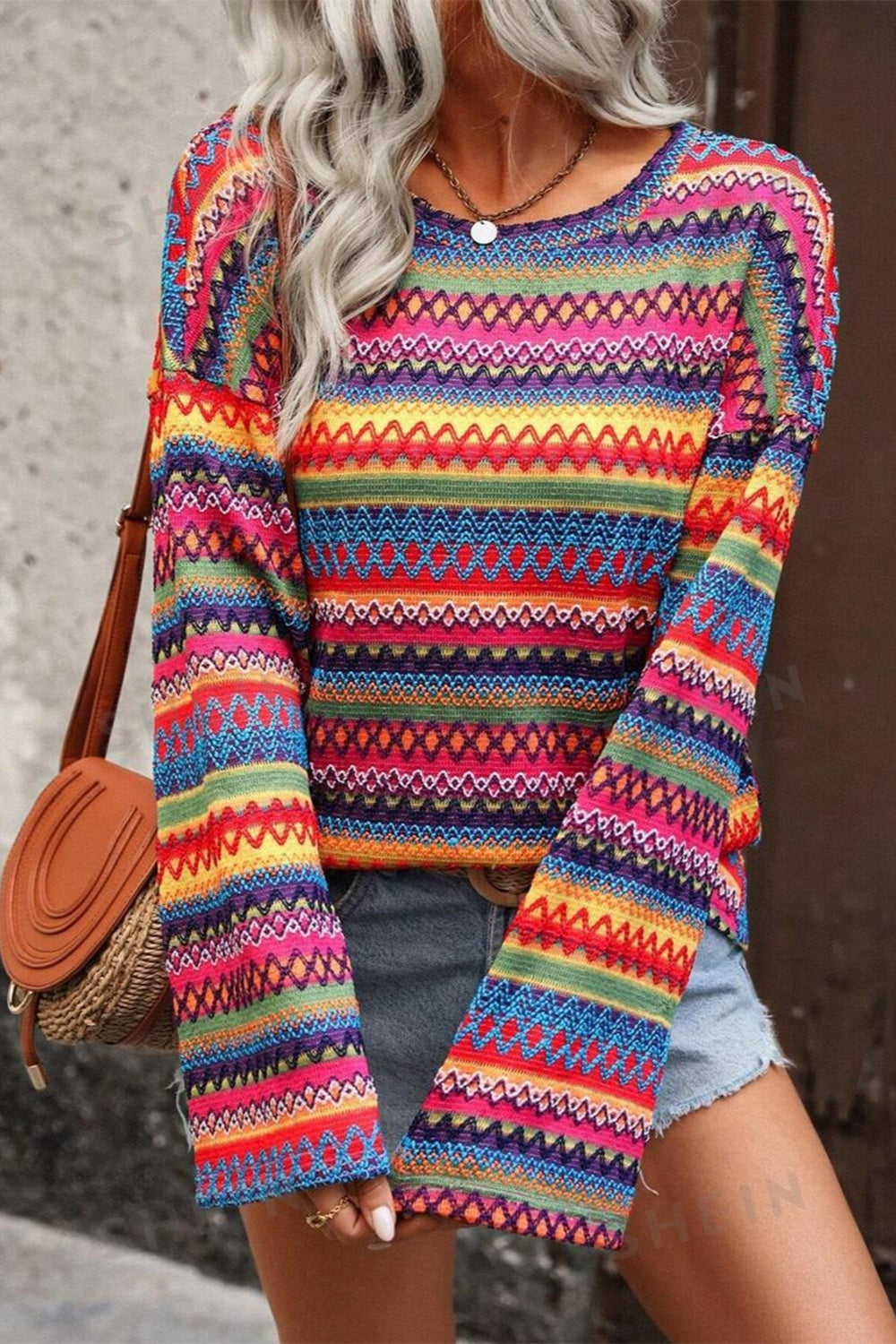 Colorful round neck long sleeve sweater, front view