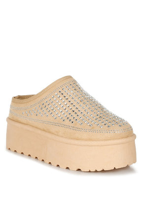 Beige rhinestones embellished classic platform slip-on