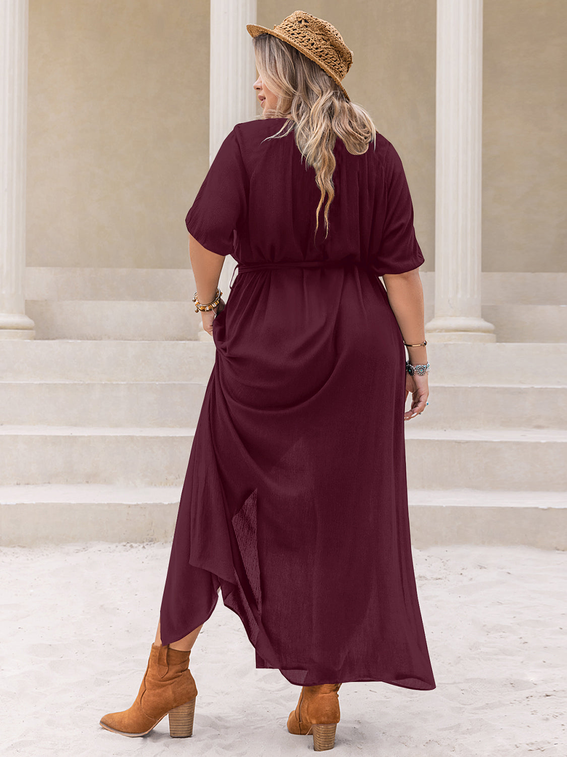 Back view of plus size burgundy dress with half sleeves.