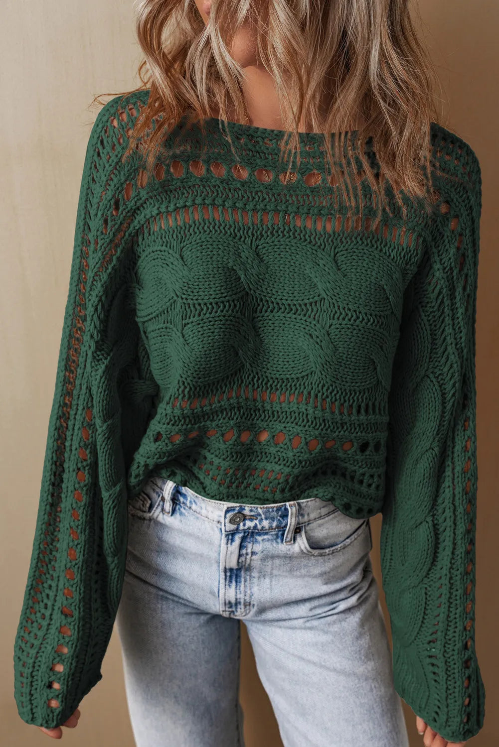 Green cable-knit openwork long sleeve sweater front view