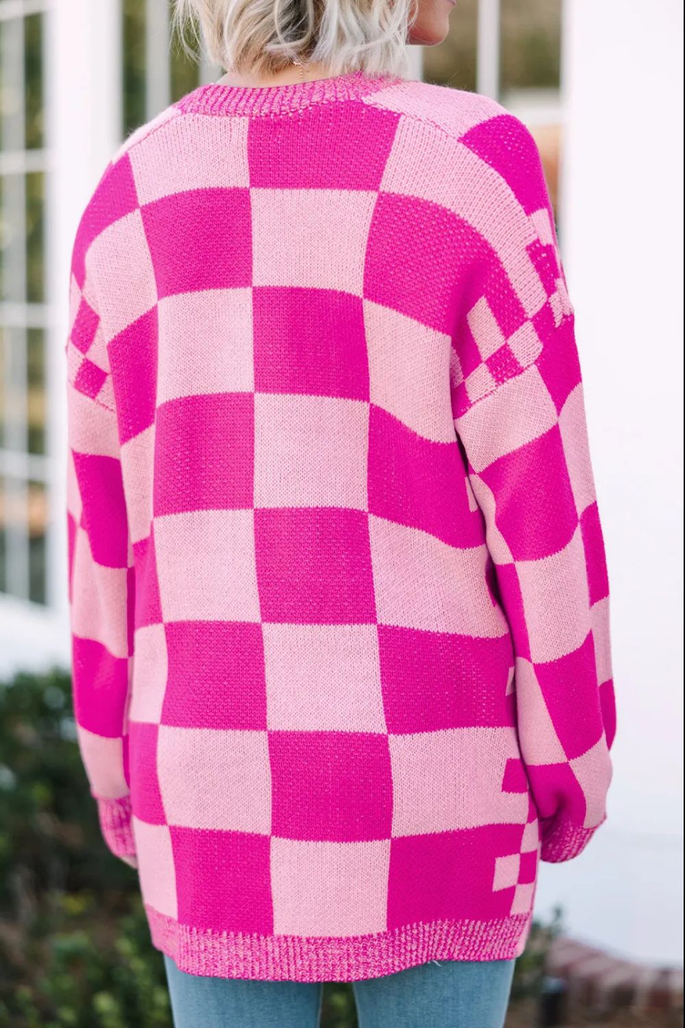 Pink checkered open front long sleeve cardigan, back view