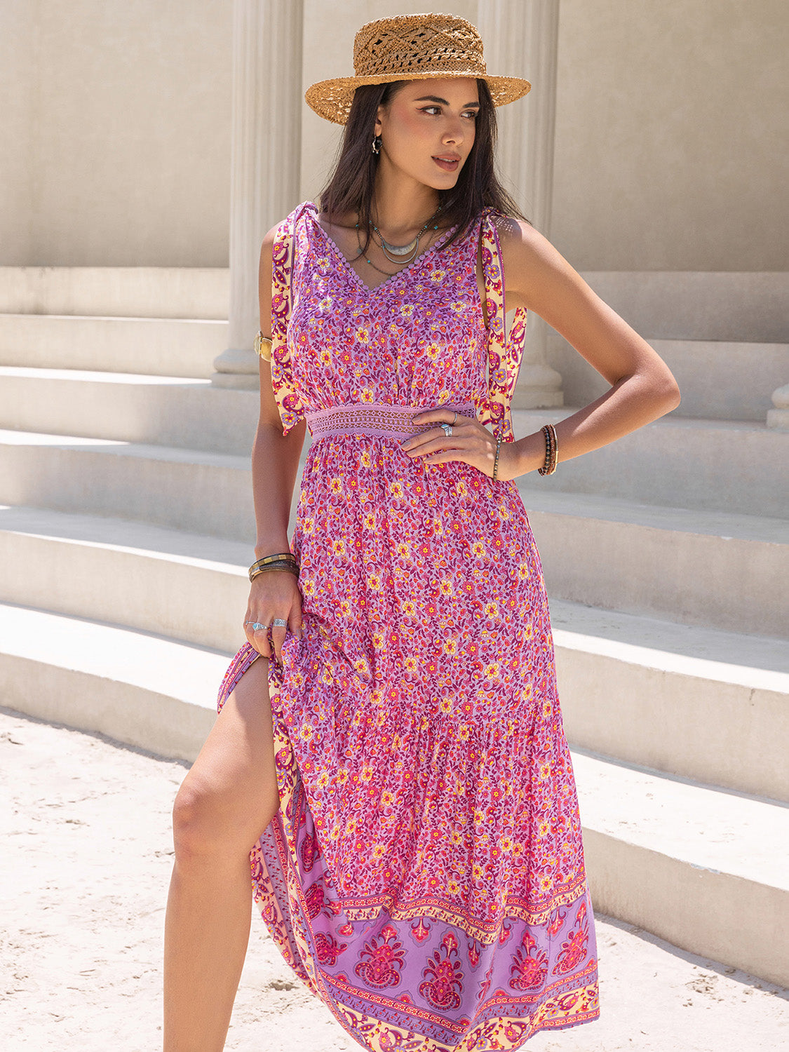 Tied printed V-neck sleeveless dress, front view