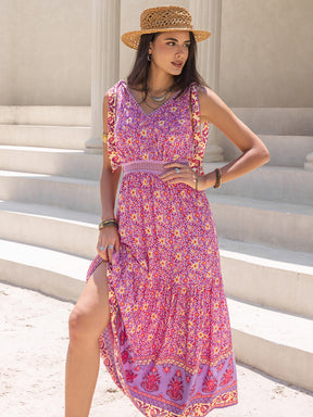 Tied printed V-neck sleeveless dress, front view