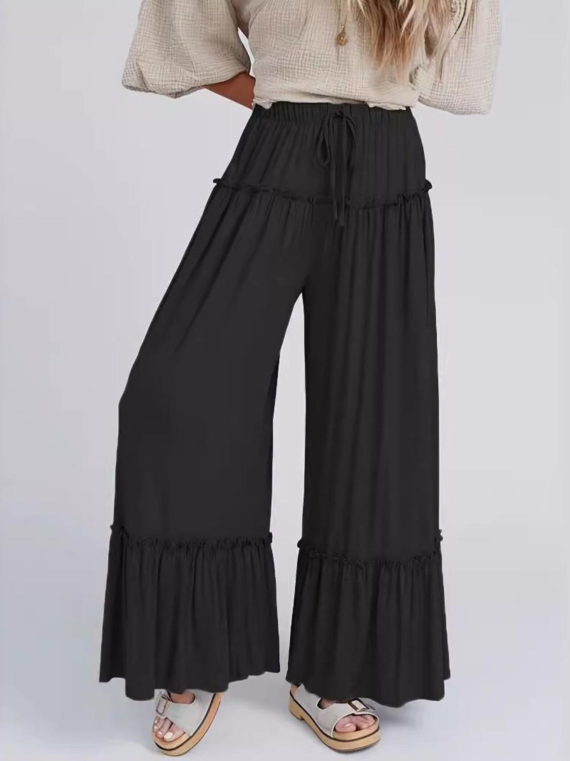 Full Size Frill Wide Leg Pants in black, front view