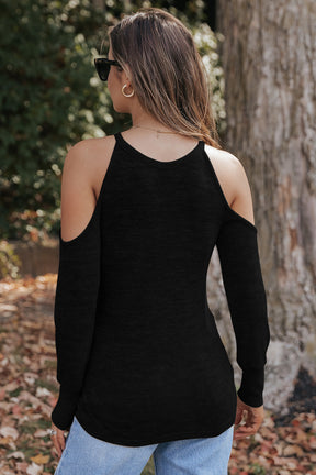 Black round neck cold shoulder long sleeve top, back view