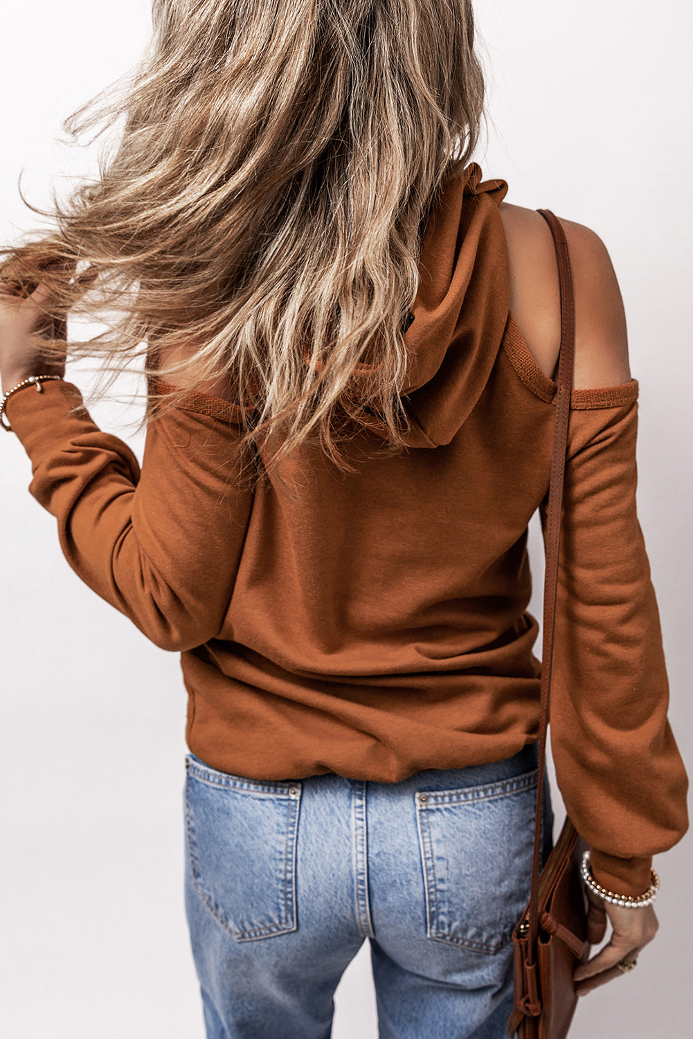 Brown cold shoulder long sleeve hoodie, back view