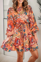 Tropical print tie waist lantern sleeve mini dress front view