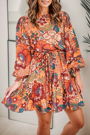 Tropical print tie waist lantern sleeve mini dress front view