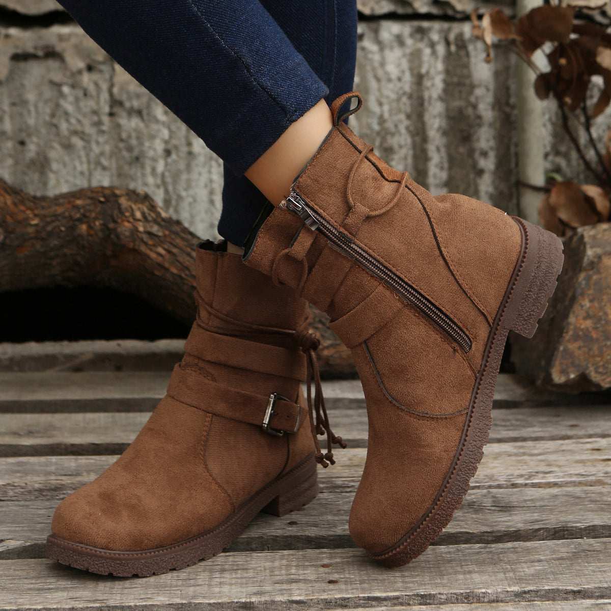 Brown suede side zip round toe boots with buckle detail