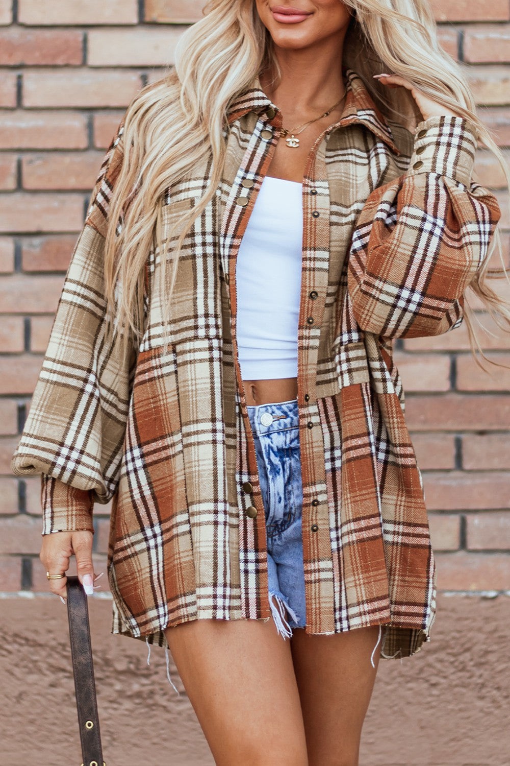 Plaid snap down shacket with dropped shoulders, front view