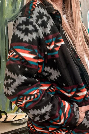 Close-up of geometric patterned zip up jacket