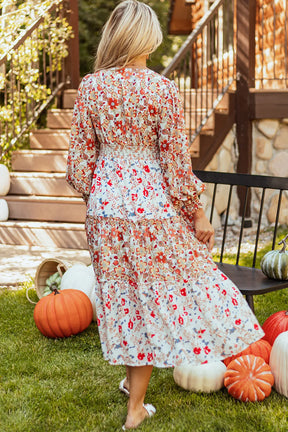 Printed V-neck midi dress with lantern sleeves, back view