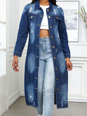 Distressed button-up denim top with collared neck, front view.