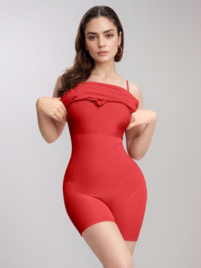 Red shapewear under maxi dress