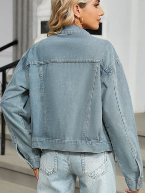 Rhinestone & pearl trim denim jacket, back view.