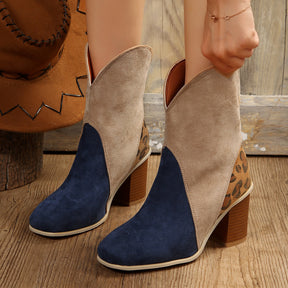 Blue and beige suede block heel boots with leopard detail