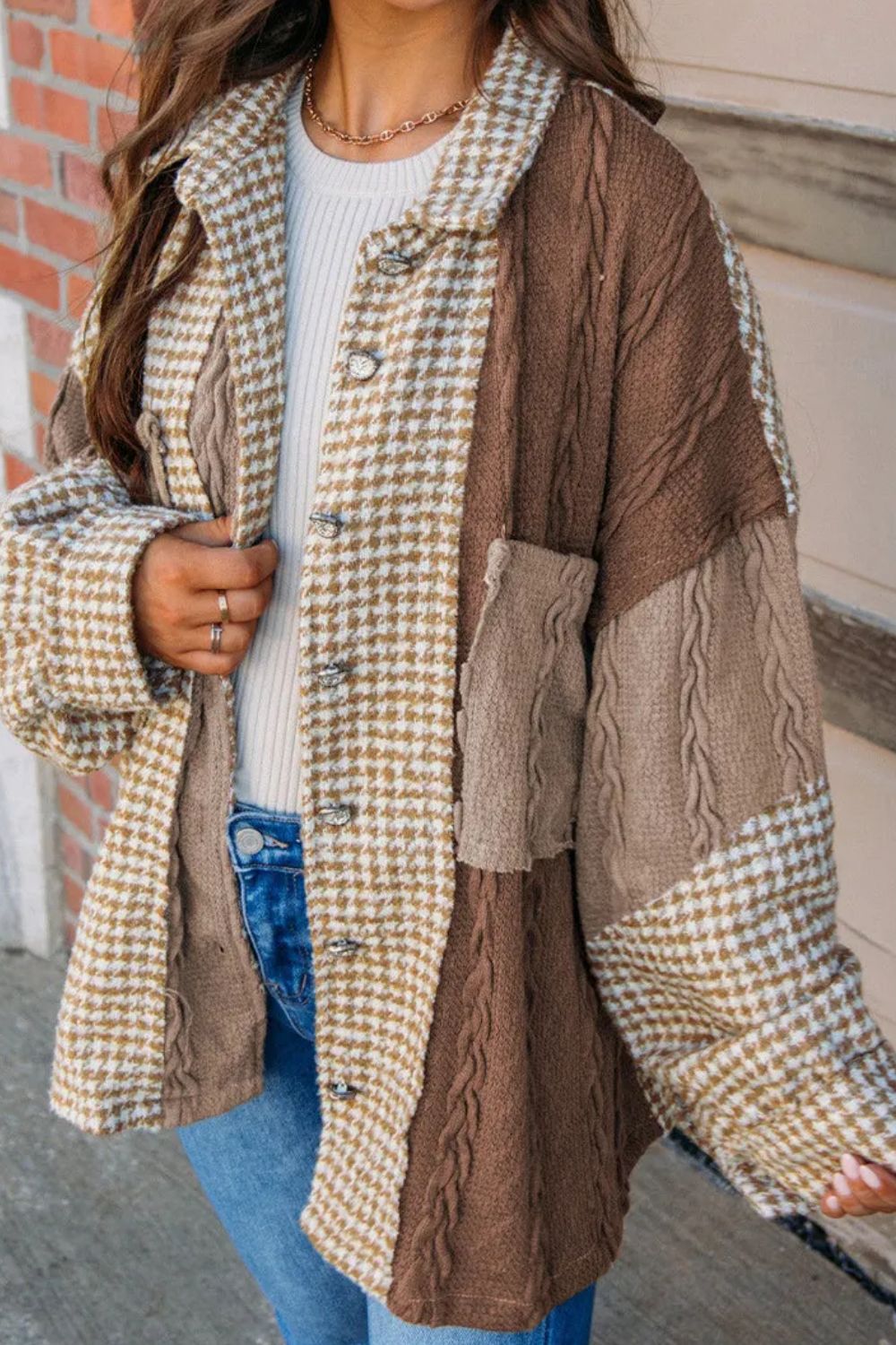 Brown color block collared jacket with pockets, side view