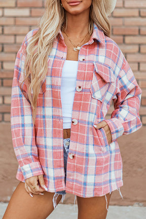 Plaid button-up long sleeve shacket front view